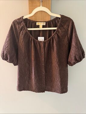 Michael Kors Chocolate Brown Textured Button-Front Blouse